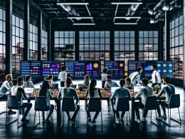 Junge Profis bei einem intensiven SEO-Strategieworkshop in einem industriellen Raum mit Analyse-Dashboards und Großstadtblick.