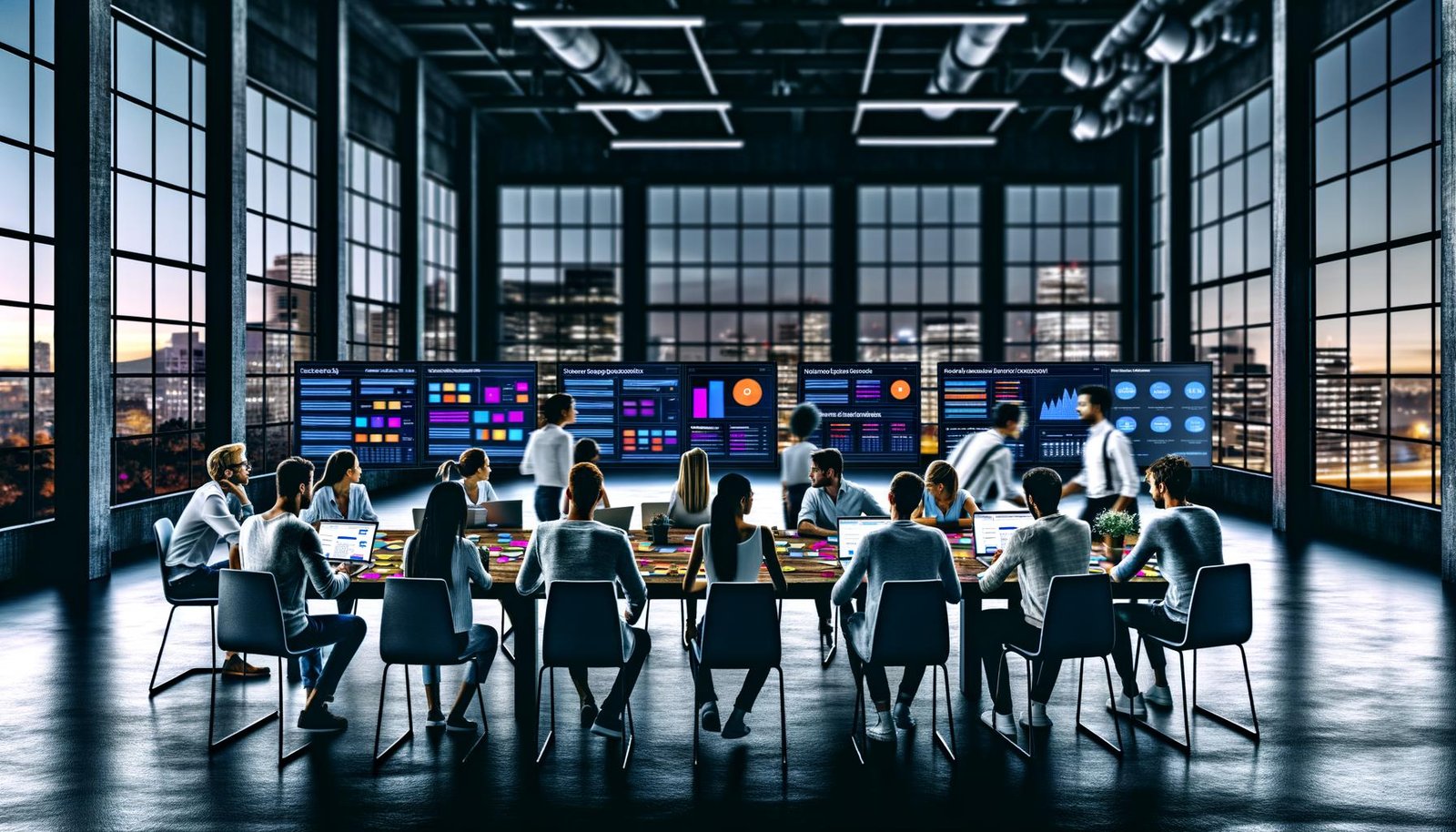 Junge Profis bei einem intensiven SEO-Strategieworkshop in einem industriellen Raum mit Analyse-Dashboards und Großstadtblick.