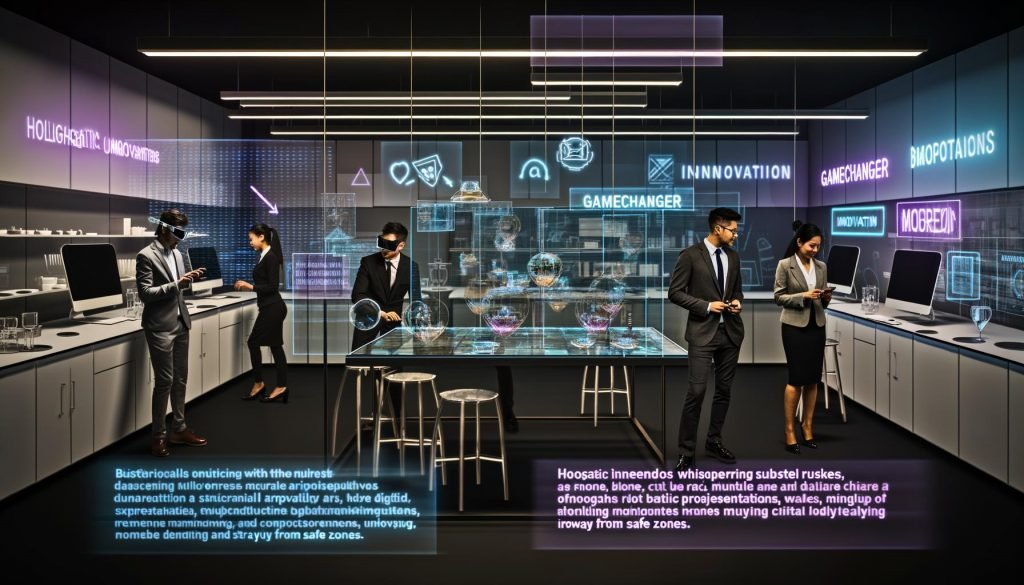 Labor mit Marketing- und Tech-Experten an durchsichtigen Touchscreens, holografischen AR-Visualisierungen und digitalen Projizierungen, inspiriert von Innovation und Disruption