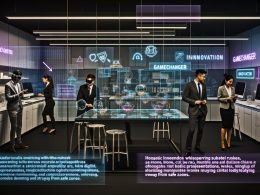 Labor mit Marketing- und Tech-Experten an durchsichtigen Touchscreens, holografischen AR-Visualisierungen und digitalen Projizierungen, inspiriert von Innovation und Disruption
