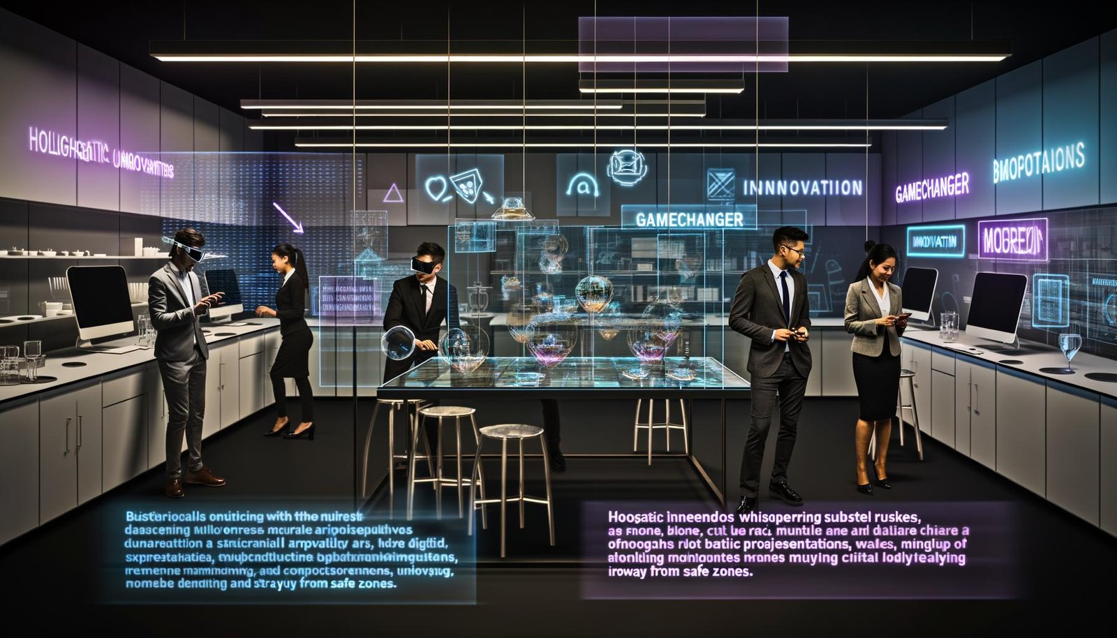 Labor mit Marketing- und Tech-Experten an durchsichtigen Touchscreens, holografischen AR-Visualisierungen und digitalen Projizierungen, inspiriert von Innovation und Disruption