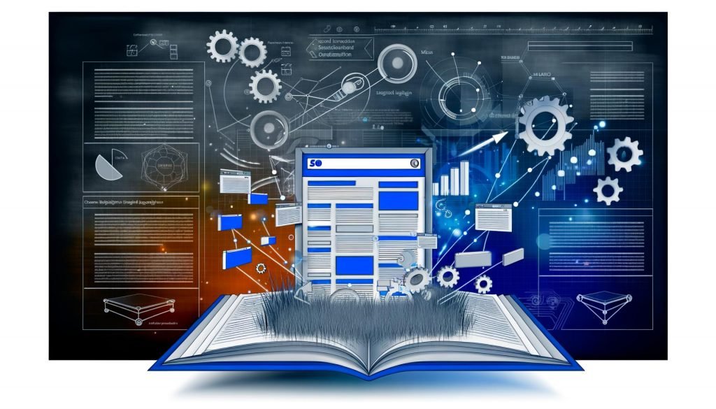 Illustration einer technisch optimierten Webseite mit schwebenden SEO-Elementen wie Diagrammen, Metatags, Core Web Vitals, strukturierten Daten und Backlinks, im energetischen Blau, Weiß und Orange, auf modernem Grunge-Hintergrund.
