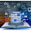 Illustration einer technisch optimierten Webseite mit schwebenden SEO-Elementen wie Diagrammen, Metatags, Core Web Vitals, strukturierten Daten und Backlinks, im energetischen Blau, Weiß und Orange, auf modernem Grunge-Hintergrund.
