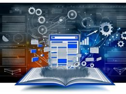 Illustration einer technisch optimierten Webseite mit schwebenden SEO-Elementen wie Diagrammen, Metatags, Core Web Vitals, strukturierten Daten und Backlinks, im energetischen Blau, Weiß und Orange, auf modernem Grunge-Hintergrund.