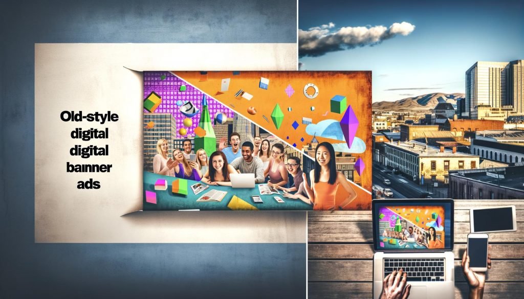 Split-Screen zwischen blassen Banneranzeigen auf einem Laptop und lebendigen AR-Marketing-Erlebnissen mit Nutzern, die mit 3D-Objekten auf ihren Smartphones in einer Stadtumgebung interagieren.