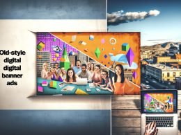 Split-Screen zwischen blassen Banneranzeigen auf einem Laptop und lebendigen AR-Marketing-Erlebnissen mit Nutzern, die mit 3D-Objekten auf ihren Smartphones in einer Stadtumgebung interagieren.