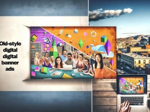 Split-Screen zwischen blassen Banneranzeigen auf einem Laptop und lebendigen AR-Marketing-Erlebnissen mit Nutzern, die mit 3D-Objekten auf ihren Smartphones in einer Stadtumgebung interagieren.