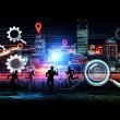 Moderne, düstere Skyline von Braunschweig bei Nacht mit digitalen Snippets, Datenströmen, Markerpunkten und Businessleuten im SEO-Wettstreit mit Laptops, Lupen und technischen Symbolen.