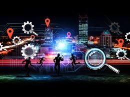 Moderne, düstere Skyline von Braunschweig bei Nacht mit digitalen Snippets, Datenströmen, Markerpunkten und Businessleuten im SEO-Wettstreit mit Laptops, Lupen und technischen Symbolen.