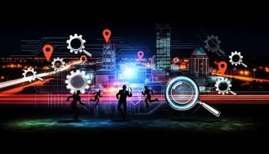 Moderne, düstere Skyline von Braunschweig bei Nacht mit digitalen Snippets, Datenströmen, Markerpunkten und Businessleuten im SEO-Wettstreit mit Laptops, Lupen und technischen Symbolen.