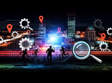 Moderne, düstere Skyline von Braunschweig bei Nacht mit digitalen Snippets, Datenströmen, Markerpunkten und Businessleuten im SEO-Wettstreit mit Laptops, Lupen und technischen Symbolen.