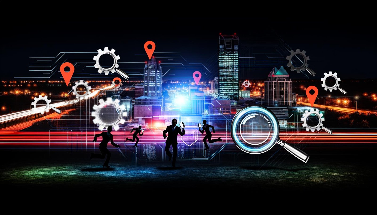 Moderne, düstere Skyline von Braunschweig bei Nacht mit digitalen Snippets, Datenströmen, Markerpunkten und Businessleuten im SEO-Wettstreit mit Laptops, Lupen und technischen Symbolen.