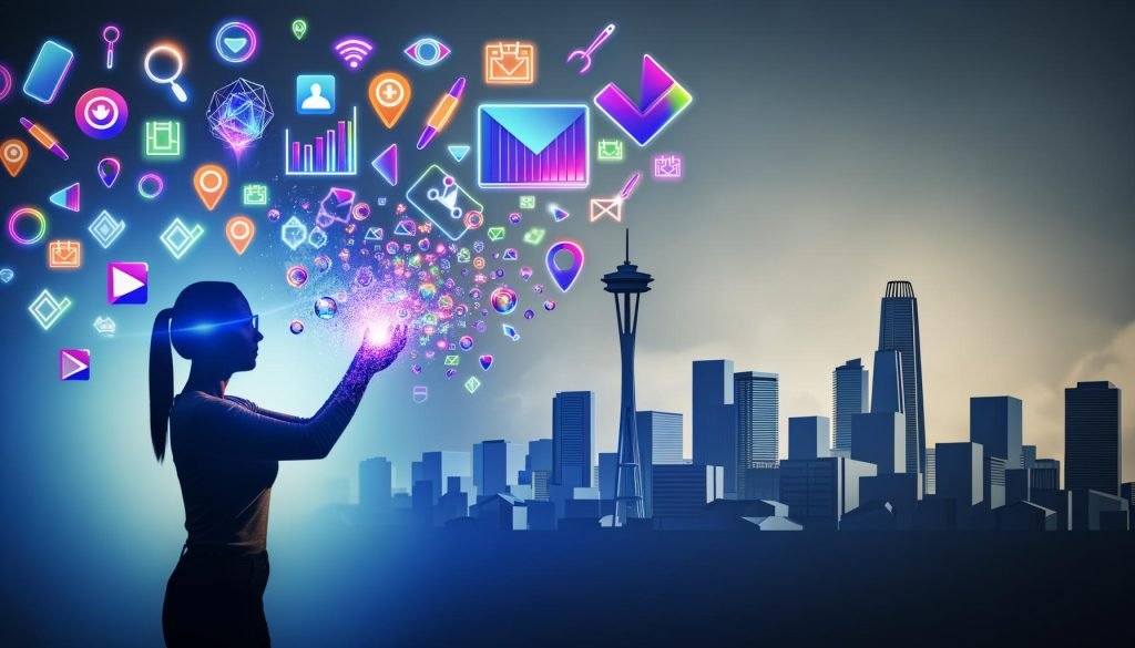 Cover-Illustration mit moderner Großstadt, junger Person mit Smartphone, leuchtenden Marketing-Elementen und digitaler AR-Atmosphäre