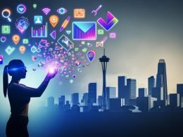 Cover-Illustration mit moderner Großstadt, junger Person mit Smartphone, leuchtenden Marketing-Elementen und digitaler AR-Atmosphäre