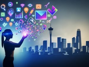 Cover-Illustration mit moderner Großstadt, junger Person mit Smartphone, leuchtenden Marketing-Elementen und digitaler AR-Atmosphäre
