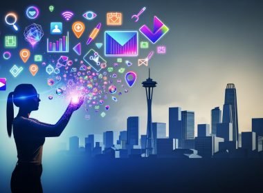 Cover-Illustration mit moderner Großstadt, junger Person mit Smartphone, leuchtenden Marketing-Elementen und digitaler AR-Atmosphäre
