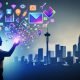 Cover-Illustration mit moderner Großstadt, junger Person mit Smartphone, leuchtenden Marketing-Elementen und digitaler AR-Atmosphäre