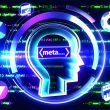 Futuristischer Meta-Tag-Code als Neonlicht im Mittelpunkt, umgeben von SEO-bezogenen Icons, steigenden Diagrammen und angedeuteten Suchergebnissen vor digitalem blau-lila Hintergrund.