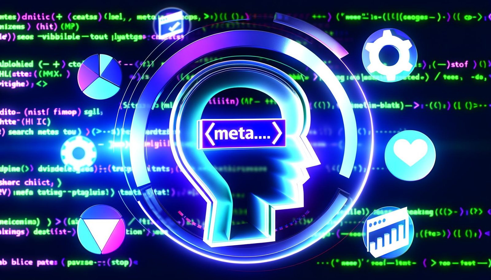 Futuristischer Meta-Tag-Code als Neonlicht im Mittelpunkt, umgeben von SEO-bezogenen Icons, steigenden Diagrammen und angedeuteten Suchergebnissen vor digitalem blau-lila Hintergrund.