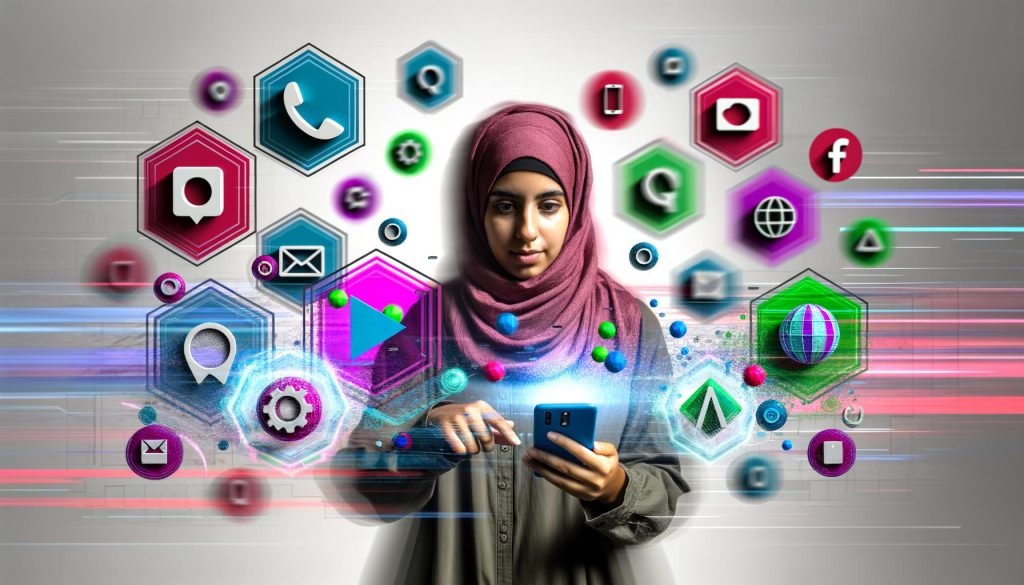 Junge Frau mit Smartphone, aus dessen Display bunte Augmented Reality Icons und digitale Produkte in die reale Umgebung treten. Umgeben von Hologrammen, Social Media Icons und transparenten digitalen Ebenen, in modernem, minimalistischem Setting.