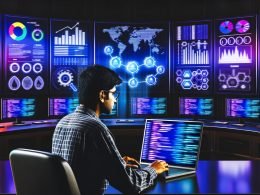 Moderner Kontrollraum mit bunten SEO-Analysen, Keywordwolken, Rankingdiagrammen und Icons von Tools wie Screaming Frog, Ahrefs und Google Search Console. Im Vordergrund sitzt eine fokussierte Person am Laptop, umgeben von Codesymbolen.