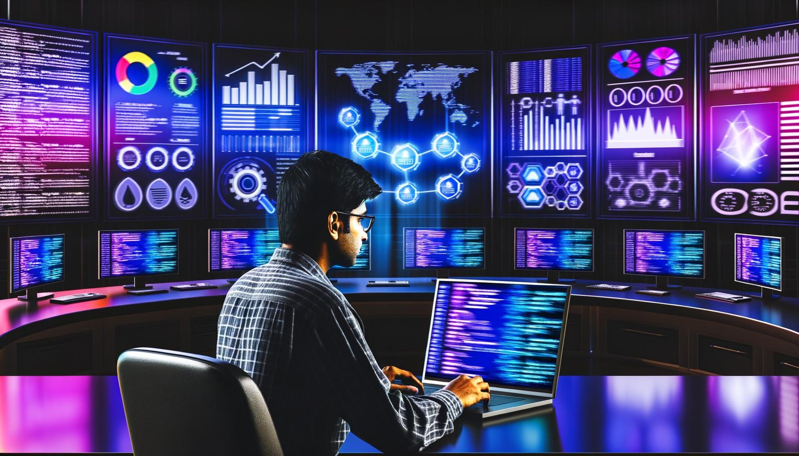 Moderner Kontrollraum mit bunten SEO-Analysen, Keywordwolken, Rankingdiagrammen und Icons von Tools wie Screaming Frog, Ahrefs und Google Search Console. Im Vordergrund sitzt eine fokussierte Person am Laptop, umgeben von Codesymbolen.