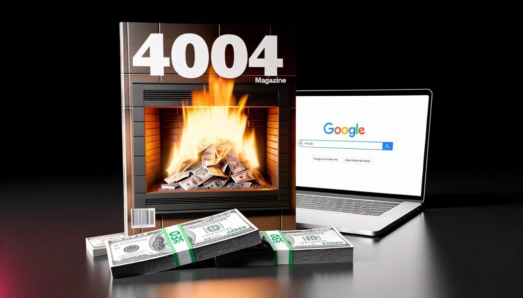 Stapel brennender Geldscheine im modernen Kamin, dahinter ein aufgeklappter Laptop mit Google-Suchleiste und SEO-Grafiken auf dem Bildschirm
