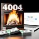 Stapel brennender Geldscheine im modernen Kamin, dahinter ein aufgeklappter Laptop mit Google-Suchleiste und SEO-Grafiken auf dem Bildschirm
