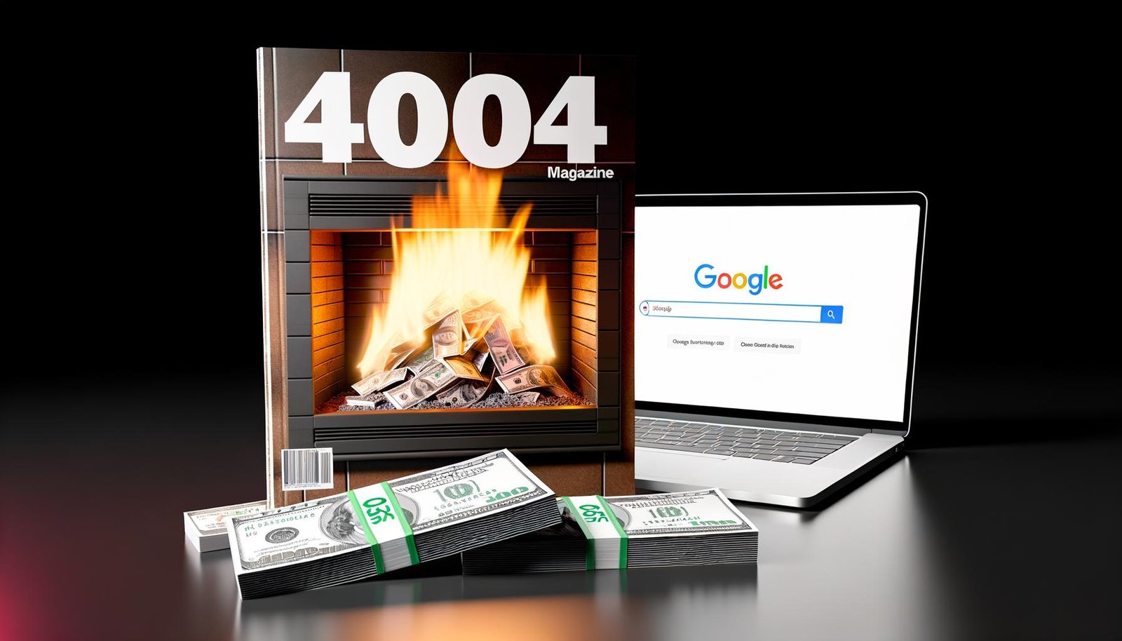 Stapel brennender Geldscheine im modernen Kamin, dahinter ein aufgeklappter Laptop mit Google-Suchleiste und SEO-Grafiken auf dem Bildschirm