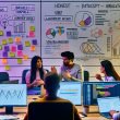 Szene in einem hippen, modernen Büro: Junge, diverse SEO-Expert:innen analysieren Daten auf großen Monitoren, diskutieren kritisch und erklären Performance-Kurven, umgeben von Post-Its und technischen Diagrammen.