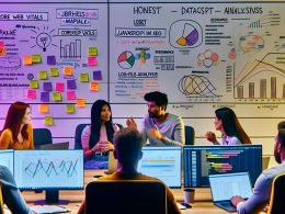 Szene in einem hippen, modernen Büro: Junge, diverse SEO-Expert:innen analysieren Daten auf großen Monitoren, diskutieren kritisch und erklären Performance-Kurven, umgeben von Post-Its und technischen Diagrammen.