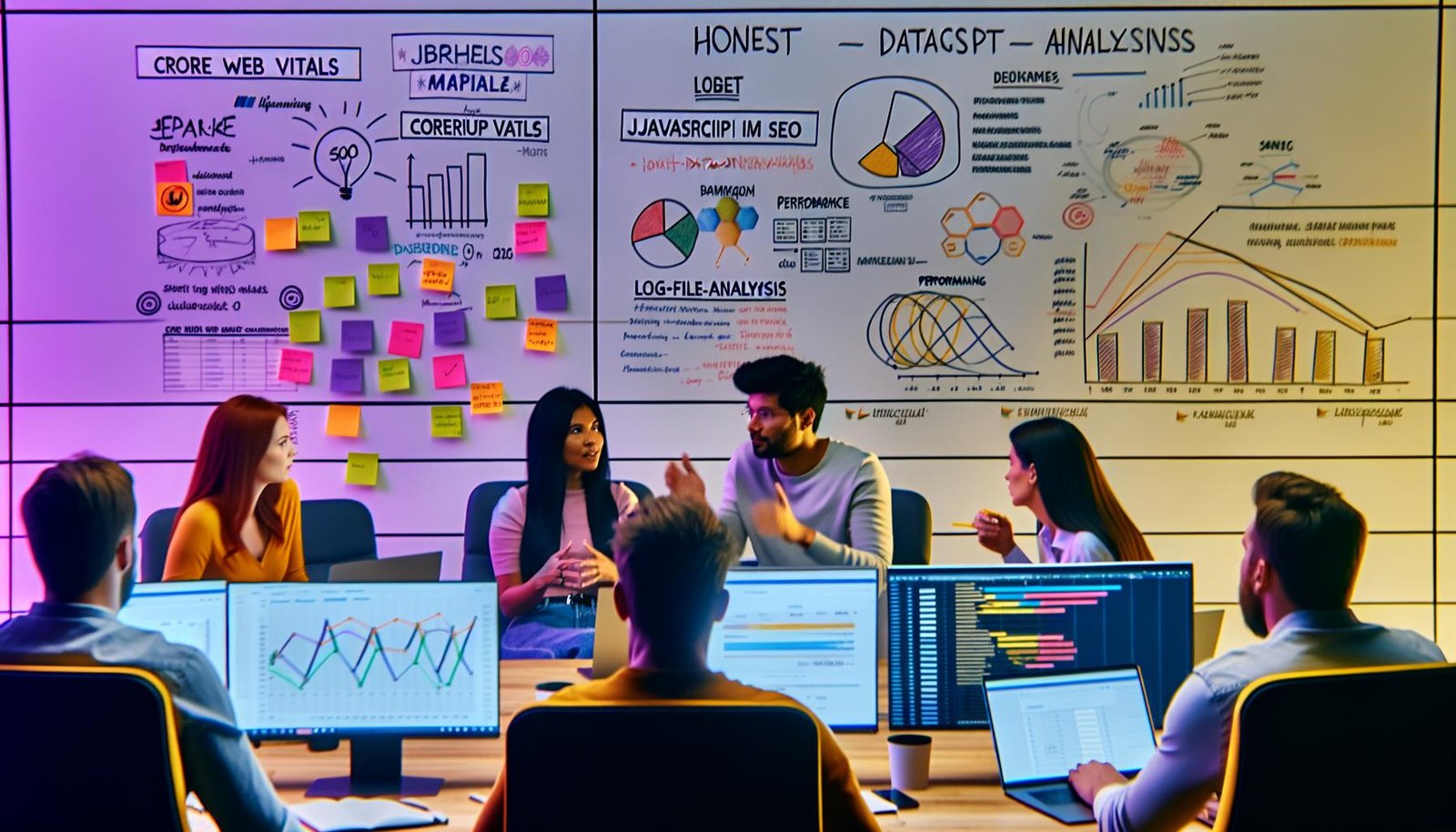 Szene in einem hippen, modernen Büro: Junge, diverse SEO-Expert:innen analysieren Daten auf großen Monitoren, diskutieren kritisch und erklären Performance-Kurven, umgeben von Post-Its und technischen Diagrammen.