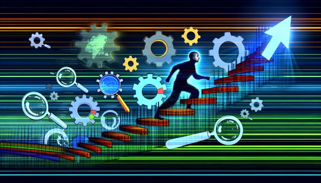 Illustration einer Person, die eine digitale Leiter mit SEO-Symbolen emporsteigt, vor einer stilisierten Google-SERP-Landschaft mit Top-Ranking und modernen Tech-Elementen
