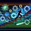 Illustration einer Person, die eine digitale Leiter mit SEO-Symbolen emporsteigt, vor einer stilisierten Google-SERP-Landschaft mit Top-Ranking und modernen Tech-Elementen