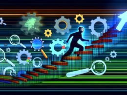 Illustration einer Person, die eine digitale Leiter mit SEO-Symbolen emporsteigt, vor einer stilisierten Google-SERP-Landschaft mit Top-Ranking und modernen Tech-Elementen