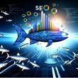 Visualisierung einer schlanken, leuchtenden Website als Fisch im digitalen Haifischbecken, umgeben von Google-Algorithmus-Haien, SEO-Icons und Data-Visualisierungen in Blau, Weiß und Schwarz.