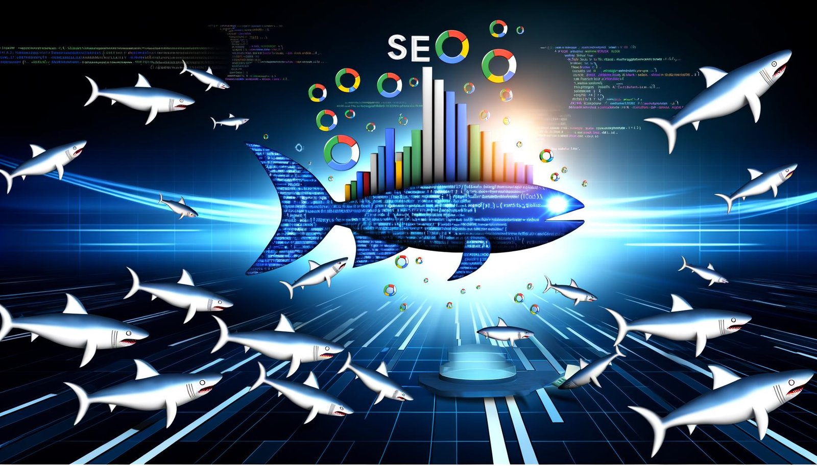 Visualisierung einer schlanken, leuchtenden Website als Fisch im digitalen Haifischbecken, umgeben von Google-Algorithmus-Haien, SEO-Icons und Data-Visualisierungen in Blau, Weiß und Schwarz.