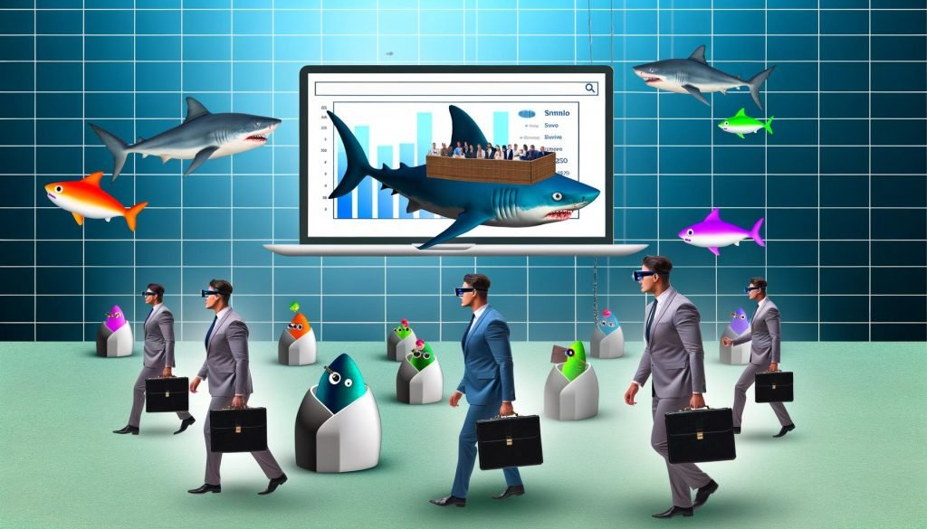 Metaphorisches Haifischbecken: Geschäftsmäßige Haie mit Aktenkoffern und Laptops umkreisen einen Computer mit SEO-Daten; kleine bunte Fische mit Partyhüten und leeren Präsentationsfolien im Hintergrund.