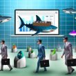 Metaphorisches Haifischbecken: Geschäftsmäßige Haie mit Aktenkoffern und Laptops umkreisen einen Computer mit SEO-Daten; kleine bunte Fische mit Partyhüten und leeren Präsentationsfolien im Hintergrund.