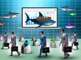 Metaphorisches Haifischbecken: Geschäftsmäßige Haie mit Aktenkoffern und Laptops umkreisen einen Computer mit SEO-Daten; kleine bunte Fische mit Partyhüten und leeren Präsentationsfolien im Hintergrund.