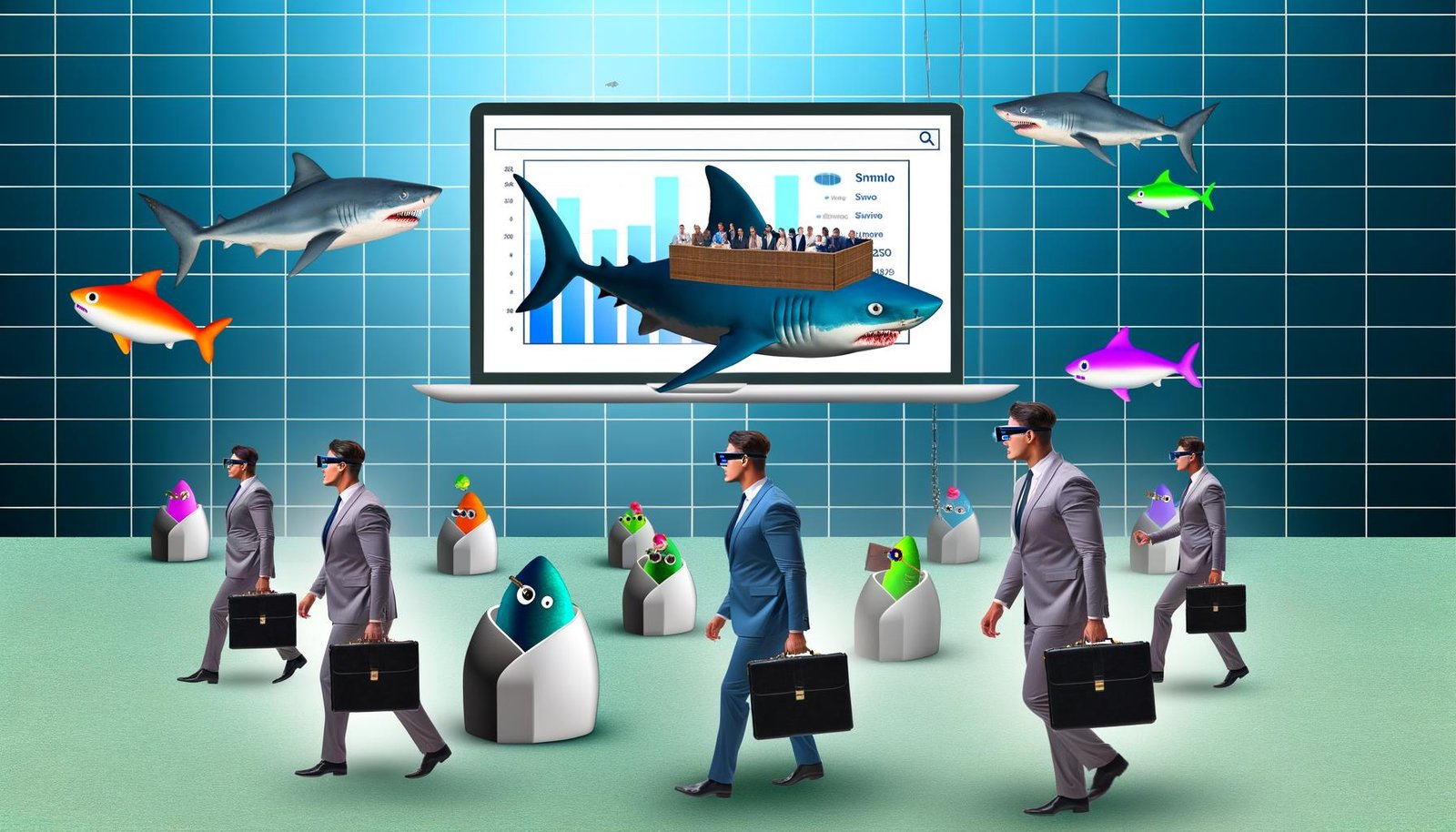 Metaphorisches Haifischbecken: Geschäftsmäßige Haie mit Aktenkoffern und Laptops umkreisen einen Computer mit SEO-Daten; kleine bunte Fische mit Partyhüten und leeren Präsentationsfolien im Hintergrund.