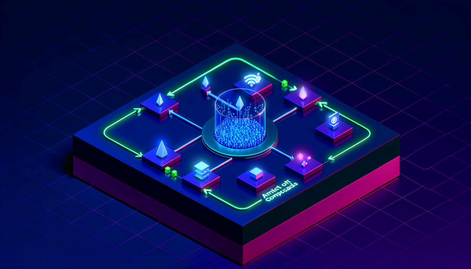 Isometrische 3D-Bildstrecke in Neon auf tiefem Blau: Mikrosignale zum kristallinen Intent‑Kompass, gesicherte Edge‑Tagging‑Pipeline, Feature‑Engineering mit GBT/Sequenzmodell, Vektorraumsuche, Aktivierung/Bidding sowie Privacy, Governance und Offline‑Anbindung.