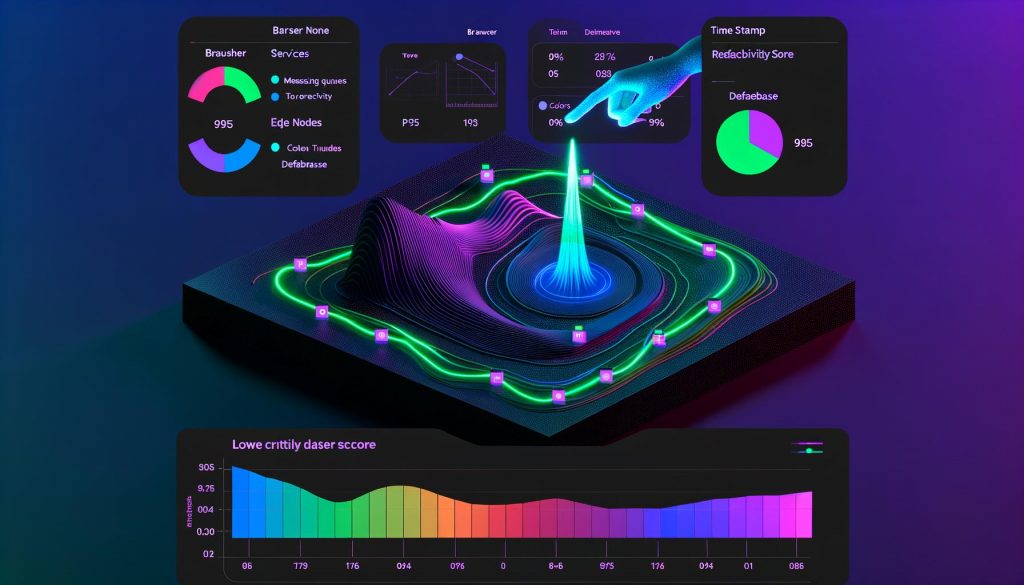 Sechsteilige Neon‑Infografik‑Serie: Reactivity‑Score‑Ring mit Event‑Graph (Client → Edge → Service → Queue → DB → UI), Layer‑Stack mit Trace‑ID und P95/P99, Journey‑Dashboard, OpenTelemetry‑ und RUM‑Overlays, Peak‑Last mit Backpressure sowie Business‑Impact.