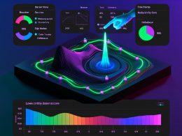 Sechsteilige Neon‑Infografik‑Serie: Reactivity‑Score‑Ring mit Event‑Graph (Client → Edge → Service → Queue → DB → UI), Layer‑Stack mit Trace‑ID und P95/P99, Journey‑Dashboard, OpenTelemetry‑ und RUM‑Overlays, Peak‑Last mit Backpressure sowie Business‑Impact.