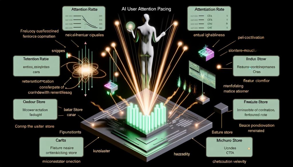 Halbporträt einer geschlechtsneutralen, aus fließenden Datenbändern geformten Dirigierenden Person, die mit leuchtenden Pulsen UI‑Karten (Artikel, CTAs, Progress‑Bars, Tooltips, Checkout) taktet. Links Event‑Pipes „Kafka/Pulsar“ zum kristallinen Feature‑Store und zu Modellen (Bandits, Transformer, Hazard). Rechts KPIs: Attention Retention Rate, Fatigue Score, Micro‑Conversion Velocity. Vorn eine neutrale Nutzersilhouette mit Scroll‑ und Hover‑Metriken; transparentes Ethik‑Shield mit Opt‑Out, Consent, Guardrails und markierten No‑Aggressive‑CTA‑Zonen.