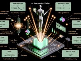 Halbporträt einer geschlechtsneutralen, aus fließenden Datenbändern geformten Dirigierenden Person, die mit leuchtenden Pulsen UI‑Karten (Artikel, CTAs, Progress‑Bars, Tooltips, Checkout) taktet. Links Event‑Pipes „Kafka/Pulsar“ zum kristallinen Feature‑Store und zu Modellen (Bandits, Transformer, Hazard). Rechts KPIs: Attention Retention Rate, Fatigue Score, Micro‑Conversion Velocity. Vorn eine neutrale Nutzersilhouette mit Scroll‑ und Hover‑Metriken; transparentes Ethik‑Shield mit Opt‑Out, Consent, Guardrails und markierten No‑Aggressive‑CTA‑Zonen.