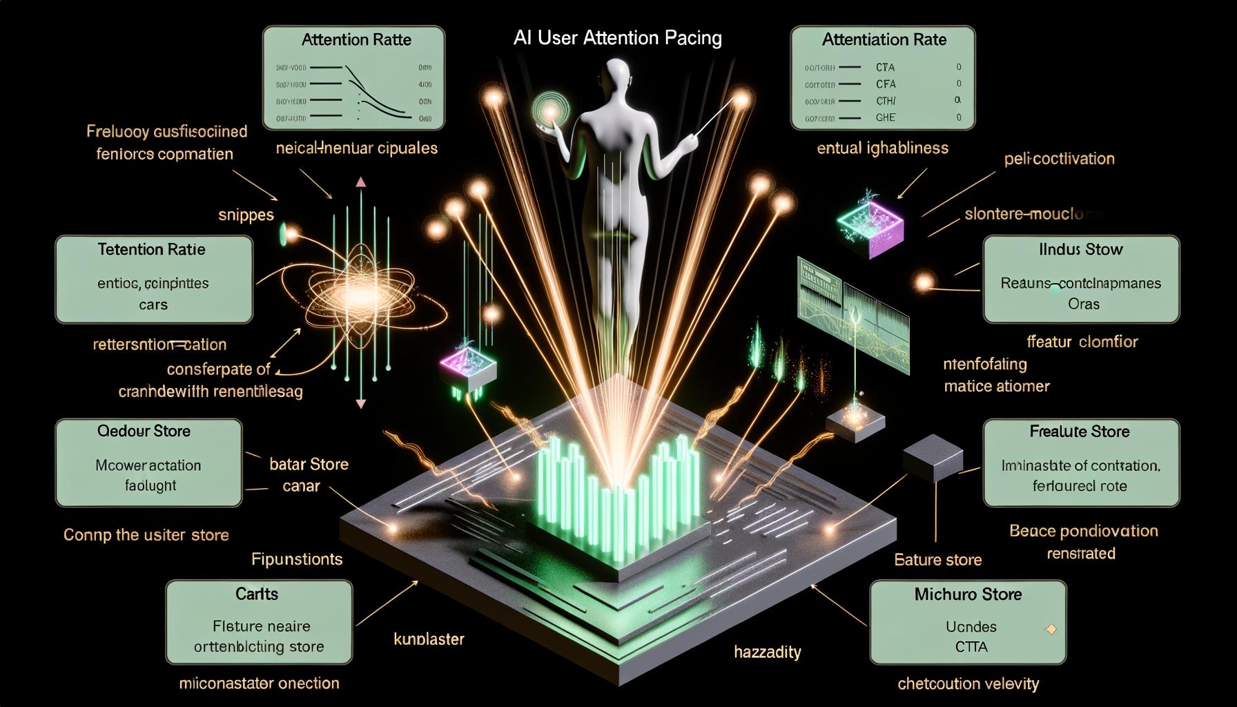 Halbporträt einer geschlechtsneutralen, aus fließenden Datenbändern geformten Dirigierenden Person, die mit leuchtenden Pulsen UI‑Karten (Artikel, CTAs, Progress‑Bars, Tooltips, Checkout) taktet. Links Event‑Pipes „Kafka/Pulsar“ zum kristallinen Feature‑Store und zu Modellen (Bandits, Transformer, Hazard). Rechts KPIs: Attention Retention Rate, Fatigue Score, Micro‑Conversion Velocity. Vorn eine neutrale Nutzersilhouette mit Scroll‑ und Hover‑Metriken; transparentes Ethik‑Shield mit Opt‑Out, Consent, Guardrails und markierten No‑Aggressive‑CTA‑Zonen.
