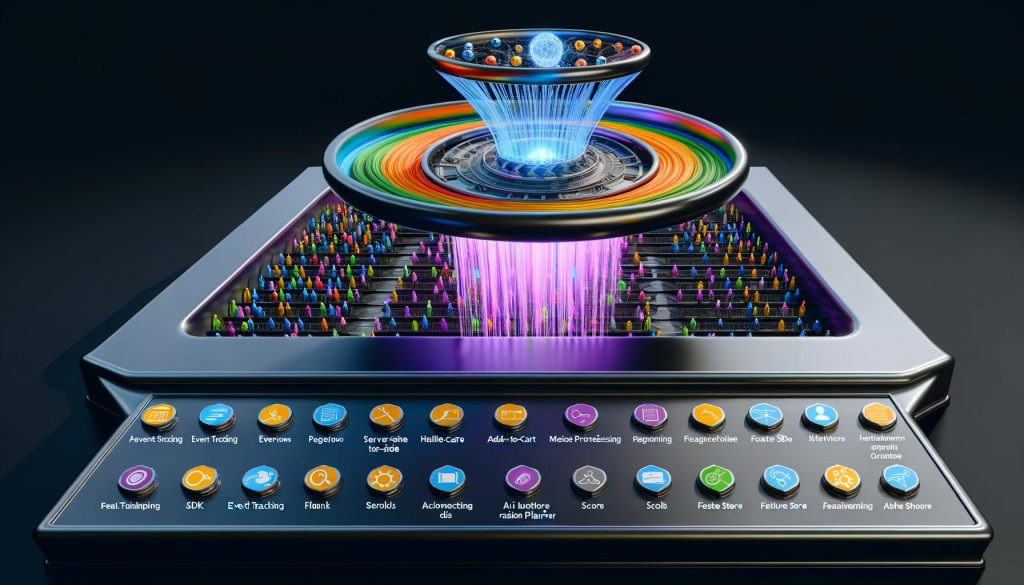 Isometrische, fotorealistisch ausgeleuchtete Infografik eines „AI Clickstream Reaction Planner“: ein schwebendes holografisches Steuerpult zeigt in Echtzeit farbige Event‑Fäden (Pageviews, Add‑to‑Cart, Scrolls, Support‑Tickets), die zu einer zentralen Entscheidungs‑Engine in Form eines Dirigentenpults mit Zahnrädern und Neural‑Nodes fließen; links ein Infrastruktur‑Stack aus Event Tracking (SDK/Server‑Side), Kafka‑ähnlichen Lanes, Stream Processing (Flink/Spark) und Feature Store; rechts Aktivierungskanäle (E‑Mail, Onsite‑Banner, Push, CRM, Call‑Center, Ad‑APIs) erhalten Micro‑Entscheidungen als Action‑Tokens; oben Richtlinienbänder für Budget, Frequency Caps, Fairness und DSGVO/Consent‑Schutz; sichtbarer Audit‑Trail mit Decision ID, Model Version und Uplift‑Schätzung; Latenz‑Meter in ms, Replay/Simulation‑Sandbox und Observability‑Overlays (Latenz‑Buckets, Schema‑Fehler); Silhouetten von Marketing, Legal und Data Science beobachten über Tablets; Palette aus tiefem Navy mit Neon‑Blau und Orange.