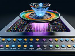 Isometrische, fotorealistisch ausgeleuchtete Infografik eines „AI Clickstream Reaction Planner“: ein schwebendes holografisches Steuerpult zeigt in Echtzeit farbige Event‑Fäden (Pageviews, Add‑to‑Cart, Scrolls, Support‑Tickets), die zu einer zentralen Entscheidungs‑Engine in Form eines Dirigentenpults mit Zahnrädern und Neural‑Nodes fließen; links ein Infrastruktur‑Stack aus Event Tracking (SDK/Server‑Side), Kafka‑ähnlichen Lanes, Stream Processing (Flink/Spark) und Feature Store; rechts Aktivierungskanäle (E‑Mail, Onsite‑Banner, Push, CRM, Call‑Center, Ad‑APIs) erhalten Micro‑Entscheidungen als Action‑Tokens; oben Richtlinienbänder für Budget, Frequency Caps, Fairness und DSGVO/Consent‑Schutz; sichtbarer Audit‑Trail mit Decision ID, Model Version und Uplift‑Schätzung; Latenz‑Meter in ms, Replay/Simulation‑Sandbox und Observability‑Overlays (Latenz‑Buckets, Schema‑Fehler); Silhouetten von Marketing, Legal und Data Science beobachten über Tablets; Palette aus tiefem Navy mit Neon‑Blau und Orange.