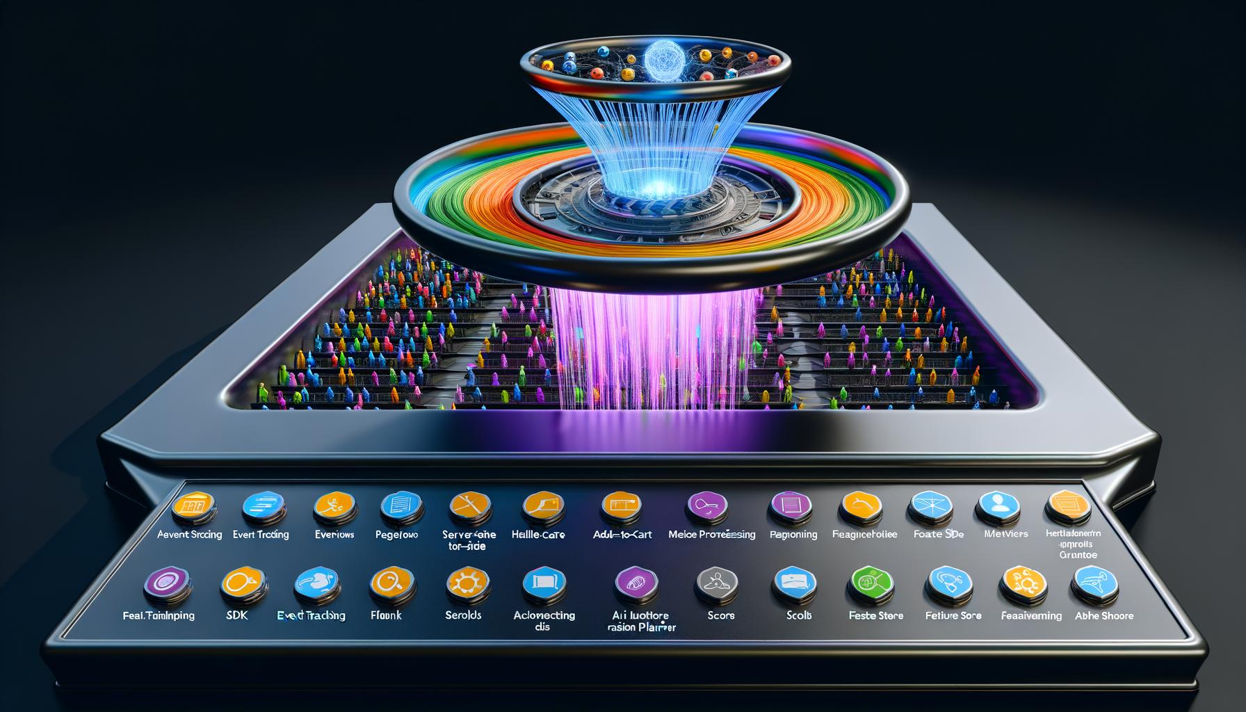 Isometrische, fotorealistisch ausgeleuchtete Infografik eines „AI Clickstream Reaction Planner“: ein schwebendes holografisches Steuerpult zeigt in Echtzeit farbige Event‑Fäden (Pageviews, Add‑to‑Cart, Scrolls, Support‑Tickets), die zu einer zentralen Entscheidungs‑Engine in Form eines Dirigentenpults mit Zahnrädern und Neural‑Nodes fließen; links ein Infrastruktur‑Stack aus Event Tracking (SDK/Server‑Side), Kafka‑ähnlichen Lanes, Stream Processing (Flink/Spark) und Feature Store; rechts Aktivierungskanäle (E‑Mail, Onsite‑Banner, Push, CRM, Call‑Center, Ad‑APIs) erhalten Micro‑Entscheidungen als Action‑Tokens; oben Richtlinienbänder für Budget, Frequency Caps, Fairness und DSGVO/Consent‑Schutz; sichtbarer Audit‑Trail mit Decision ID, Model Version und Uplift‑Schätzung; Latenz‑Meter in ms, Replay/Simulation‑Sandbox und Observability‑Overlays (Latenz‑Buckets, Schema‑Fehler); Silhouetten von Marketing, Legal und Data Science beobachten über Tablets; Palette aus tiefem Navy mit Neon‑Blau und Orange.